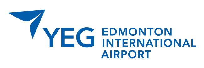 Logo of Edmonton International Airport. The text “YEG Edmonton International Airport” appears in bold blue letters beside a simple blue paper airplane icon pointing upward. Logo de l’Aéroport international d’Edmonton. Le texte « YEG Edmonton International Airport » est écrit en lettres bleues et en gras, à côté d’une icône simple de papier avion bleu pointant vers le haut.