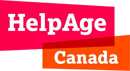 Logo for HelpAge Canada with the word “HelpAge” in bold white text on a pink banner, and “Canada” in bold white text on an overlapping orange banner beneath it. Logo de HelpAge Canada. Le mot « HelpAge » est écrit en lettres blanches et en gras sur une bannière rose, et le mot « Canada » apparaît en lettres blanches et en gras sur une bannière orange qui chevauche la première.