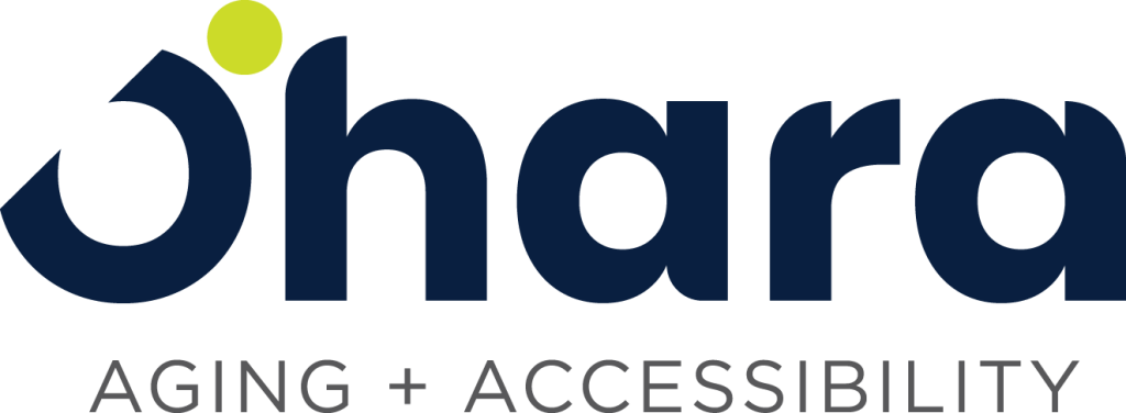 Logo for O’Hara Aging + Accessibility, featuring the word “O’Hara” in bold dark blue lowercase letters with a green dot beside the “O.” Below it, the tagline reads “Aging + Accessibility” in light gray capital letters. Logo de O’Hara Aging + Accessibility. Le mot « O’Hara » est écrit en lettres minuscules bleu foncé et en gras, avec un point vert à côté du « O ». En dessous, le slogan « Aging + Accessibility » apparaît en lettres majuscules gris pâle.