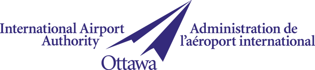 Logo of the Ottawa International Airport Authority, featuring a stylized purple airplane shape above the word “Ottawa,” with English and French text on either side of the graphic. Logo de l’Administration de l’aéroport international d’Ottawa. Une silhouette stylisée d’avion violet est placée au-dessus du mot « Ottawa », avec le texte en anglais et en français de chaque côté du graphique.
