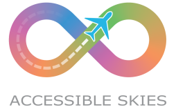 A logo for “Accessible Skies.” It features a vibrant infinity symbol with a gradient of colours in purple, blue, green, orange, and pink. A dashed white line runs through the symbol like a flight path. A blue airplane graphic is placed diagonally across the loop, appearing in motion. Below the symbol, the words “ACCESSIBLE SKIES” are written in gray, all capital letters.