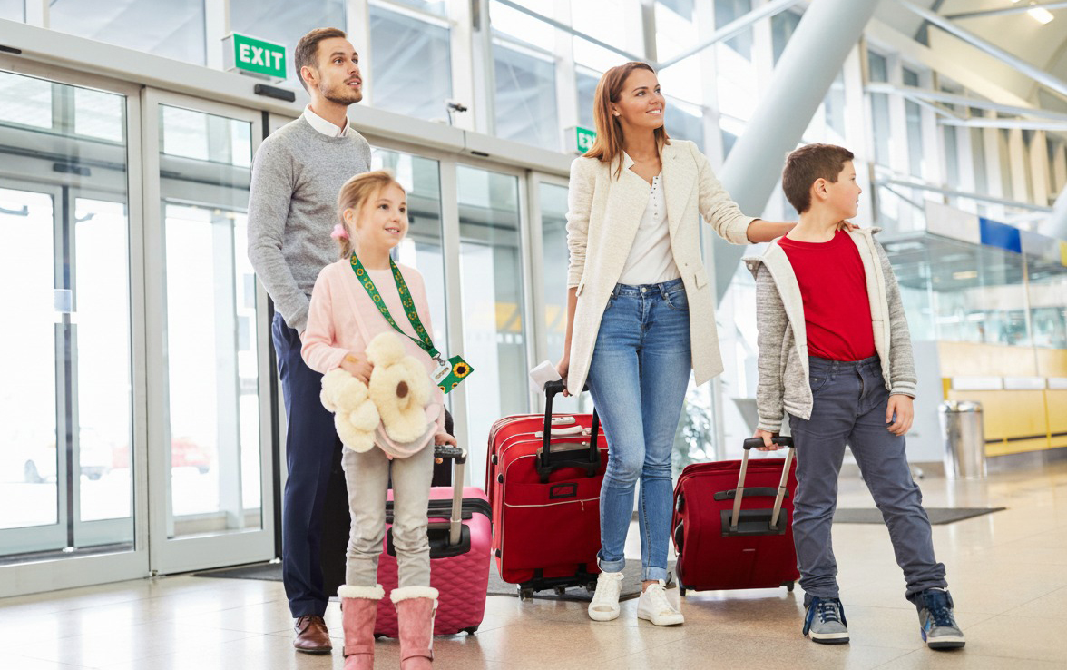 A family of four stands in an airport near automatic doors, each with brightly coloured luggage. The parents and two children appear happy and ready for travel. The young girl holds a stuffed animal and is wearing a hidden disabilities sunflower lanyard. Une famille de quatre personnes se tient dans un aéroport près de portes automatiques, chacune avec des bagages colorés. Les parents et leurs deux enfants ont l’air heureux et prêts à voyager. La jeune fille tient une peluche et porte un cordon tournesol pour les handicaps invisibles.